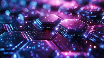 Futuristic digital background featuring interconnected hexagons with glowing blue and purple elements, forming intricate geometric patterns with a high-tech aesthetic