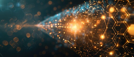 Sci-fi inspired digital background showcasing a web of interconnected hexagons with pulsating light effects and complex geometric patterns, set against a dark gradient background