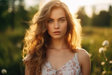 Naklejka premium A woman with long brown hair and green eyes stands in a field of flowers
