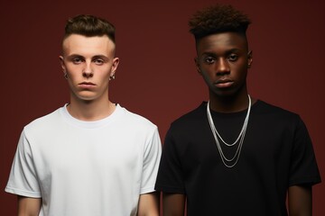 Two men are standing next to each other, one wearing a white shirt