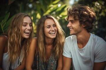 Obraz premium Three young people are smiling and laughing together in a lush green forest