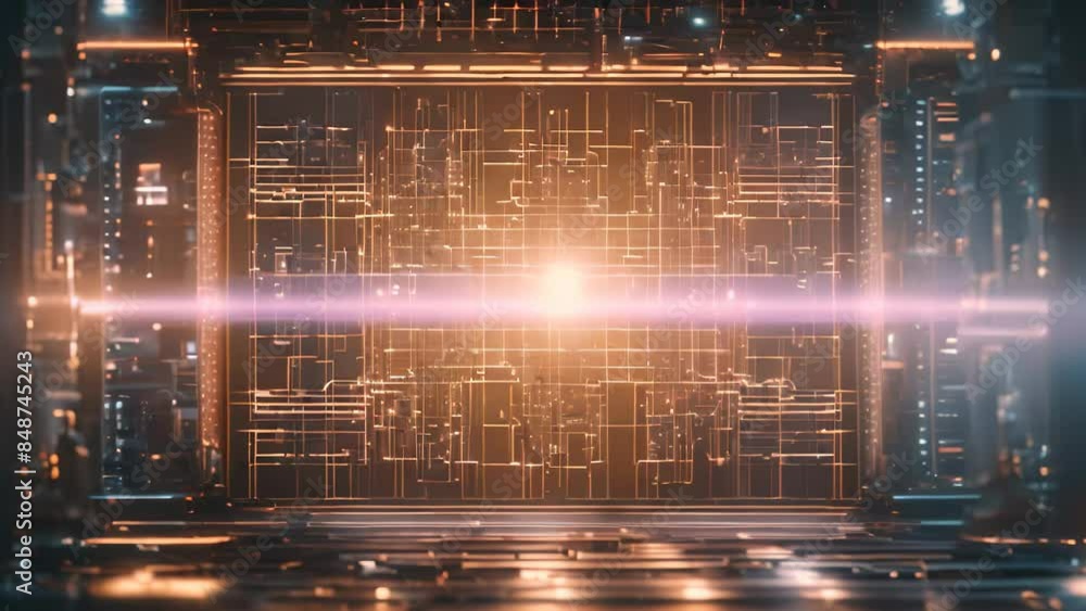 Poster futuristic holographic interface displaying lines of code in a dark room