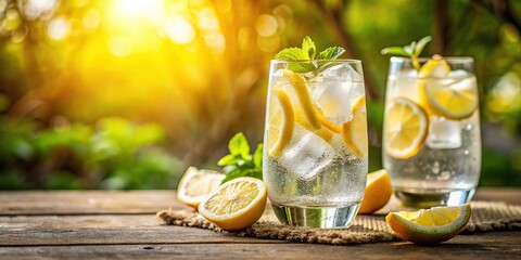 Hard seltzer cocktails in glasses with lemon and ice served outdoors in the sunlight with a blurred background , summer