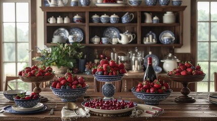 Fototapeta premium A rustic wooden table laden with fresh strawberries in decorative bowls, set against a backdrop of vintage kitchenware.