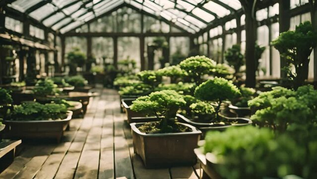 Rows of Bonsai Trees Grow in a Greenhouse Interior