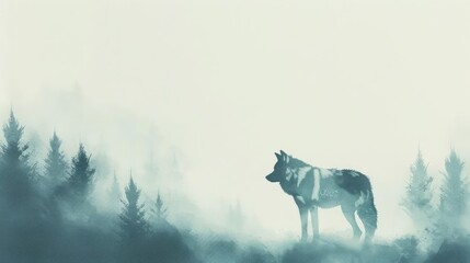 A minimalist depiction of a majestic wolf, viewed from the rear, standing at the edge of a misty forest, subtle watercolor brushstrokes, serene and contemplative atmosphere