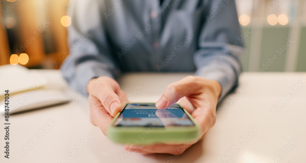Poster business, person or hands on phone to scroll for email in office for networking on app for social me