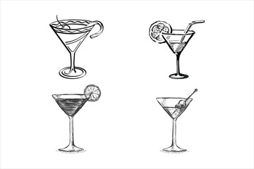 Hand-drawn set of tropical cocktail summer vintage vector sketch illustrations.