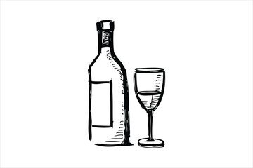 Hand-Drawn Wine Bottle and Glass vector on white background