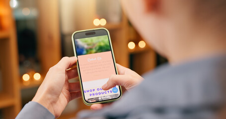 Person, hands and screen of smartphone for review or contact us for online shopping, submission and...