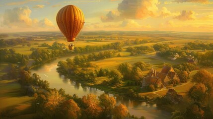 An oil painting depicting a hot air balloon adventure from a birds-eye view