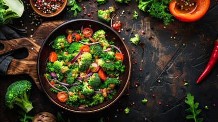Delicious and healthy broccoli salad on rustic background