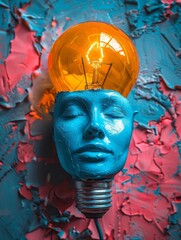 Abstract art: blue face sculpture with orange light bulb on textured background. Concept of design thinking, creativity, innovation, and ideas. Vibrant colors and modern artistic expression.