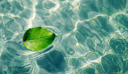 A single green leaf floating on clear water, capturing the simplicity and tranquility of nature.