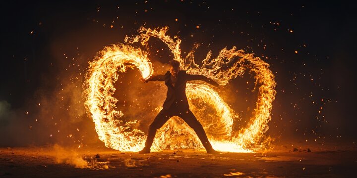 A fiery performance of dance and fire manipulation by a skilled male artist in a suit, creating a glowing figure in the night.