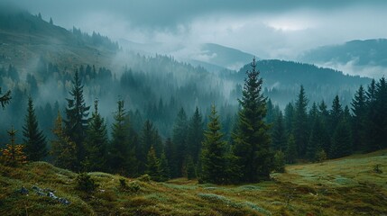 Obraz premium Misty mountain scenery in the Carpathian Range of Ukraine.