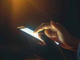 Close-up of hands holding and using a smartphone in a dark environment, illuminated by the phone's screen. The warm glow highlights the fingers interacting with the device.
