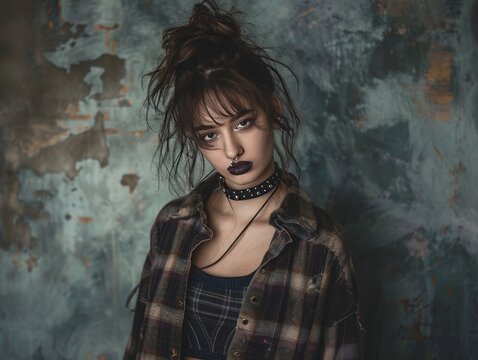 Portrait of a young woman with dark lipstick, messy hair, and a choker, wearing a flannel shirt over a slip dress, with Doc Martens, against a grungy backdrop