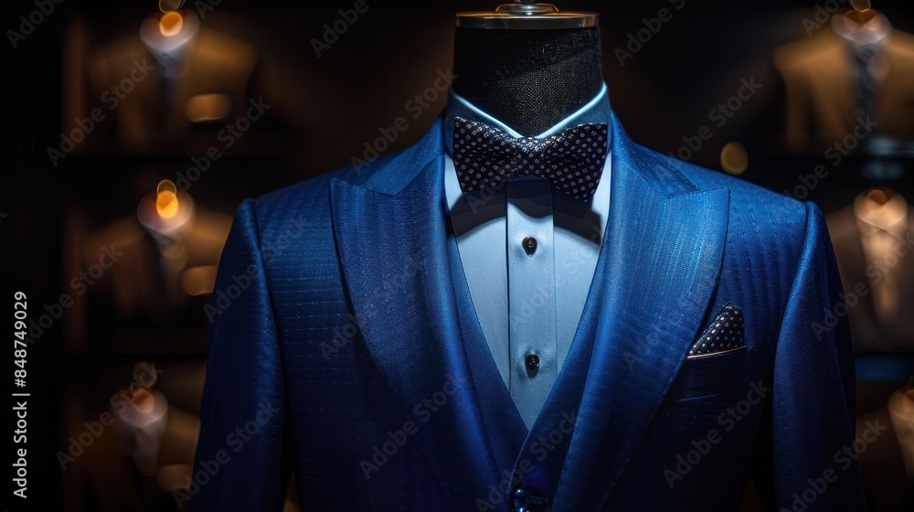 Poster an isolated blue suit tuxedo is displayed on a mannequin against a black background.