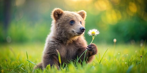 Adorable bear cub holding a delicate flower, bear,cub,animal,young,flower,floral,garden,nature,wildlife,cute,sweet,adorable,small