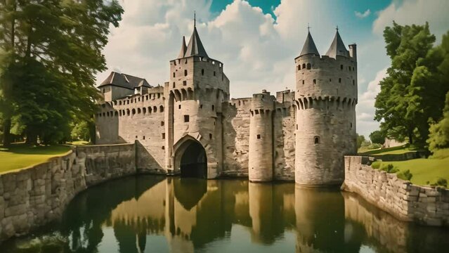 Medieval Stone Castle With Moat And Drawbridge In The Netherlands
