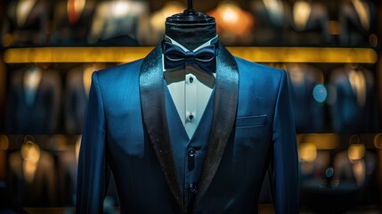 An isolated blue suit tuxedo is displayed on a mannequin against a black background.