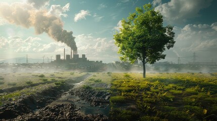 An illustration illustrating a green tree and meadow with clear air in comparison to a factory emitting pollution and its impact on climate change.