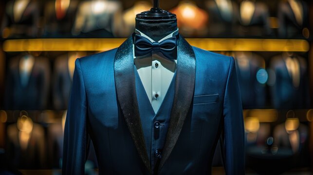 An isolated blue suit tuxedo is displayed on a mannequin against a black background.