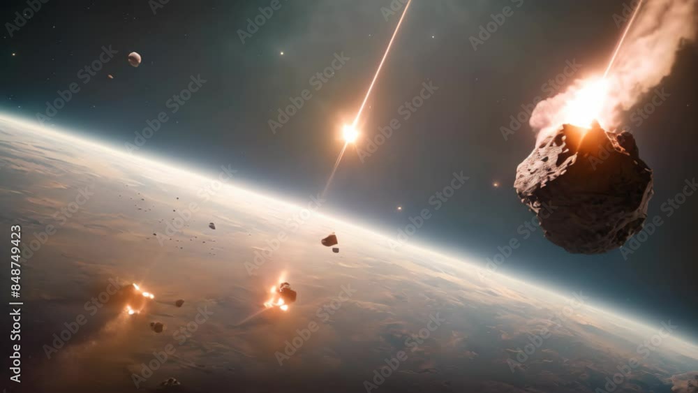Aufkleber a large asteroid and multiple meteors approaching a planet in space