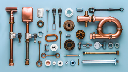 Obraz premium Plumbing tools and equipment overhead view on a blue background