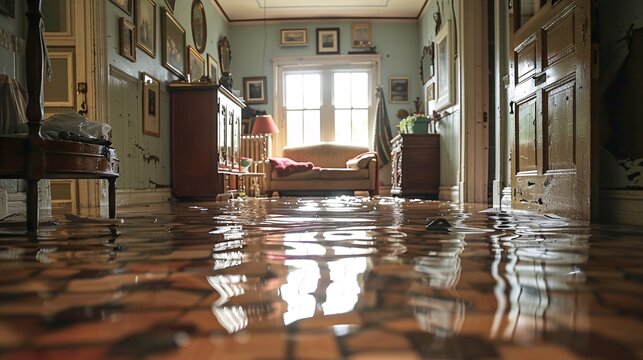 Magazine Photography style, rooms with floors submerged in water, extensive water damage visible to the interior, showcasing the urgent need for repair and restoration services