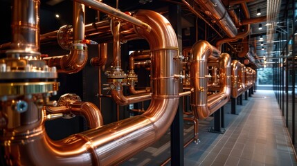 A copper pipeline of a heating system in a boiler room highlighting plumbing services