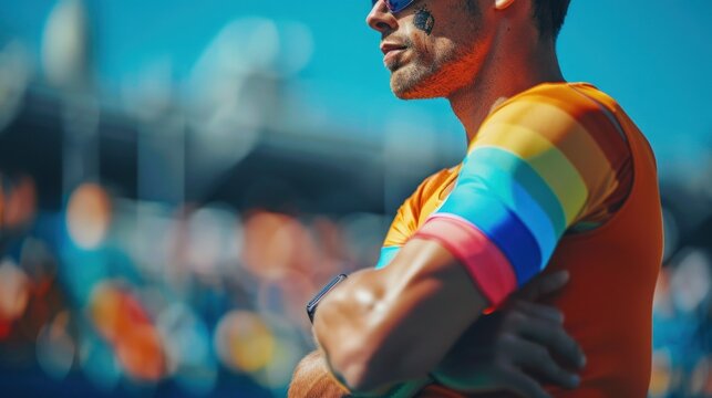 A sports event celebrating PRIDE month with athletes wearing rainbow armbands and accessories The competition promotes inclusivity and support within the sports community The atmosphere is energetic