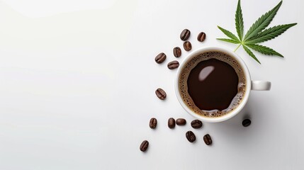 Isolated Cup of Coffee with Cannabis Leaf and Coffee Beans on White Background Top down Perspective Flat Lay Composition