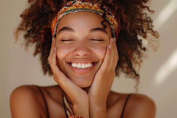 Fototapeta premium Beaming female with infectious grin strikes flirtatious pose, delicately clasping her cheeks, capturing instant of sincere joy and effortless charisma.