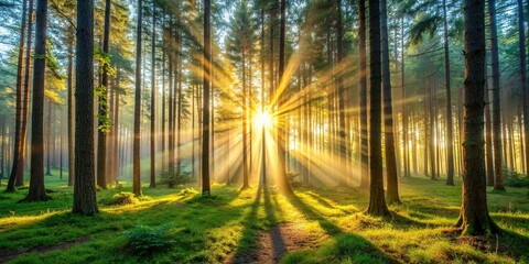 Sunrise in a serene forest setting with beams of light filtering through the trees, sunrise, forest, trees, morning, serene
