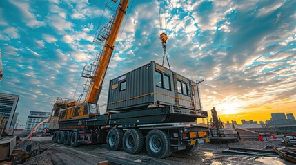 A crane truck transports mobile office buildings or container site offices to construction sites, assisting in the mobilization of projects