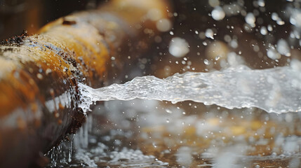 Rusty burst pipe squirting water at high pressure