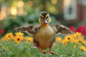 Obraz premium Baby duck, cute duckling pet bird flapping its wings trying to take off . A domestic animal learning to fly on the village green.
