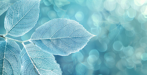 Obraz premium Beautiful white skeletonized leaf on light blue background with closeup shot.