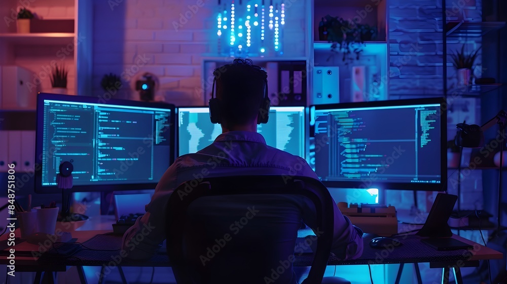 Aufkleber fatigued web developer coding late at night under blue glow