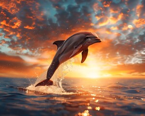 Fototapeta premium Majestic Dolphin Leaping in Vibrant Sunset Seascape