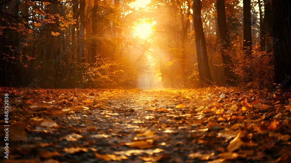 Poster serene autumn forest path with golden leaves and sunlight filtering through the trees
