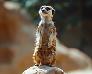 Fototapeta premium Vigilant Meerkat Sentry Observing from Rocky Outcrop in Wildlife Habitat