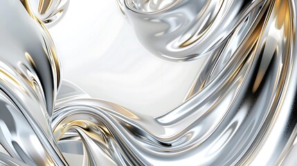 Illustrate an abstract background with a blend of swirling metallic silver and gold, white background