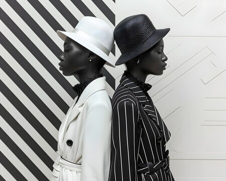Chic Monochrome Fashion with Geometric Patterns and Minimalist Accessories in Modern Art Gallery