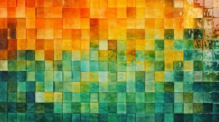 Fototapeta premium Orange, green color abstract glass square mosaic in grunge style mirror wall texture background banner panorama