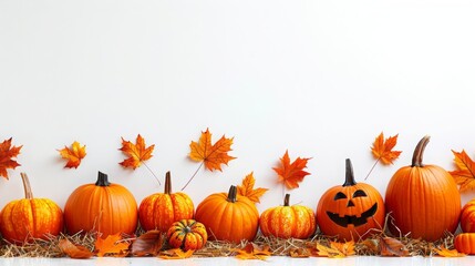 Halloween Themed Pumpkin Arrangement With Autumn Leaves On Hay