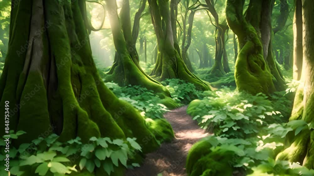 Poster sunlit path through mossy forest generative ai