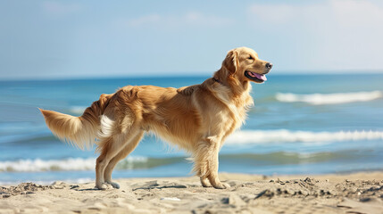 Golden Retriever standing on sandy beach with gentle waves and clear blue sky, midday light.